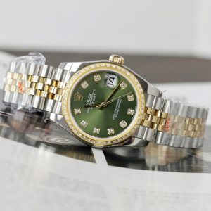 Đồng Hồ Rolex DateJust Nữ Chế Tác Bọc Vàng Thật Đính Kim Cương Moissanite Mặt Xanh Lá Cây GMF 31mm (2)