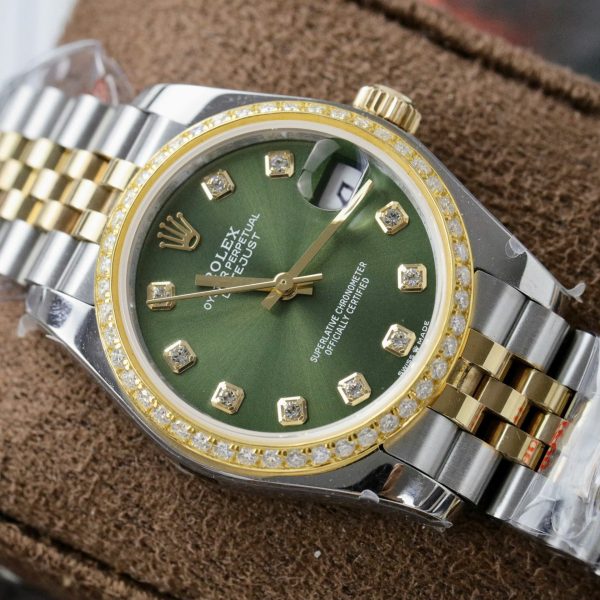 Đồng Hồ Rolex DateJust Nữ Chế Tác Bọc Vàng Thật Đính Kim Cương Moissanite Mặt Xanh Lá Cây GMF 31mm (2)