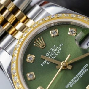 Đồng Hồ Rolex DateJust Nữ Chế Tác Bọc Vàng Thật Đính Kim Cương Moissanite Mặt Xanh Lá Cây GMF 31mm (2)