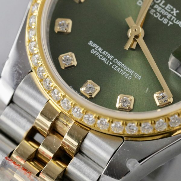 Đồng Hồ Rolex DateJust Nữ Chế Tác Bọc Vàng Thật Đính Kim Cương Moissanite Mặt Xanh Lá Cây GMF 31mm (2)