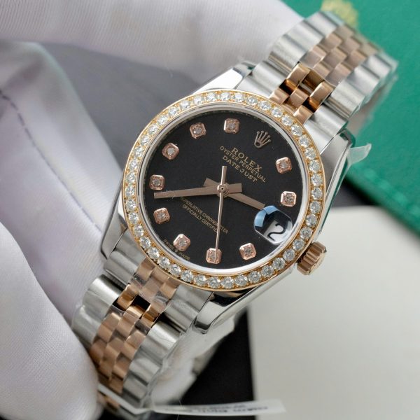 Đồng Hồ Rolex DateJust Rep 11 Cao Cấp Mặt Đen Viền Đính Kim Cương Moissanite 31mm (2)