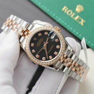 Đồng Hồ Rolex DateJust Rep 11 Cao Cấp Mặt Đen Viền Đính Kim Cương Moissanite 31mm (2)