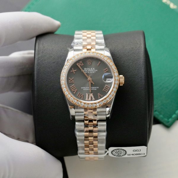 Đồng Hồ Rolex DateJust Rep 11 Cao Cấp Mặt Xám Viền Đính Kim Cương Moissanite 31mm (2)