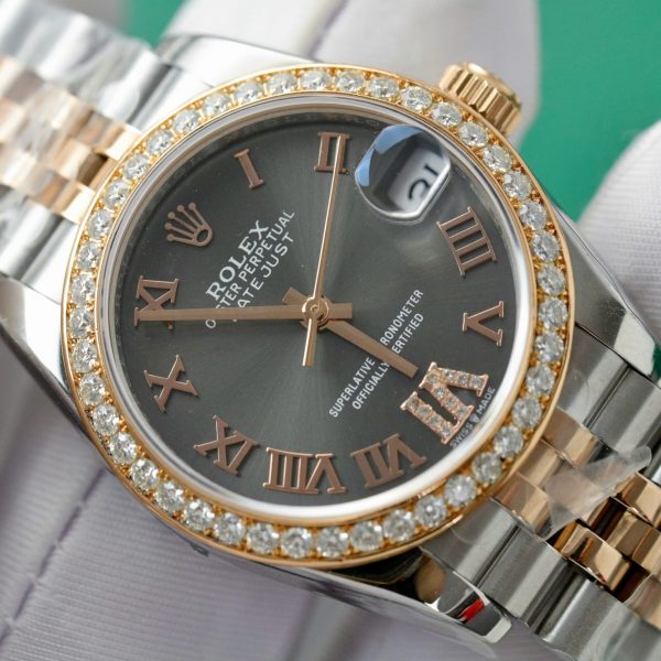 Đồng Hồ Rolex DateJust Rep 11 Cao Cấp Mặt Xám Viền Đính Kim Cương Moissanite 31mm (2)