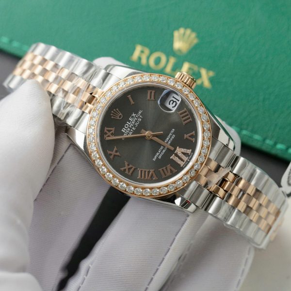 Đồng Hồ Rolex DateJust Rep 11 Cao Cấp Mặt Xám Viền Đính Kim Cương Moissanite 31mm (2)