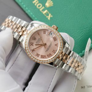 Đồng Hồ Rolex DateJust Replica 11 Cọc Số La Mã Viền Đính Kim Cương Moissanite 31mm (2)