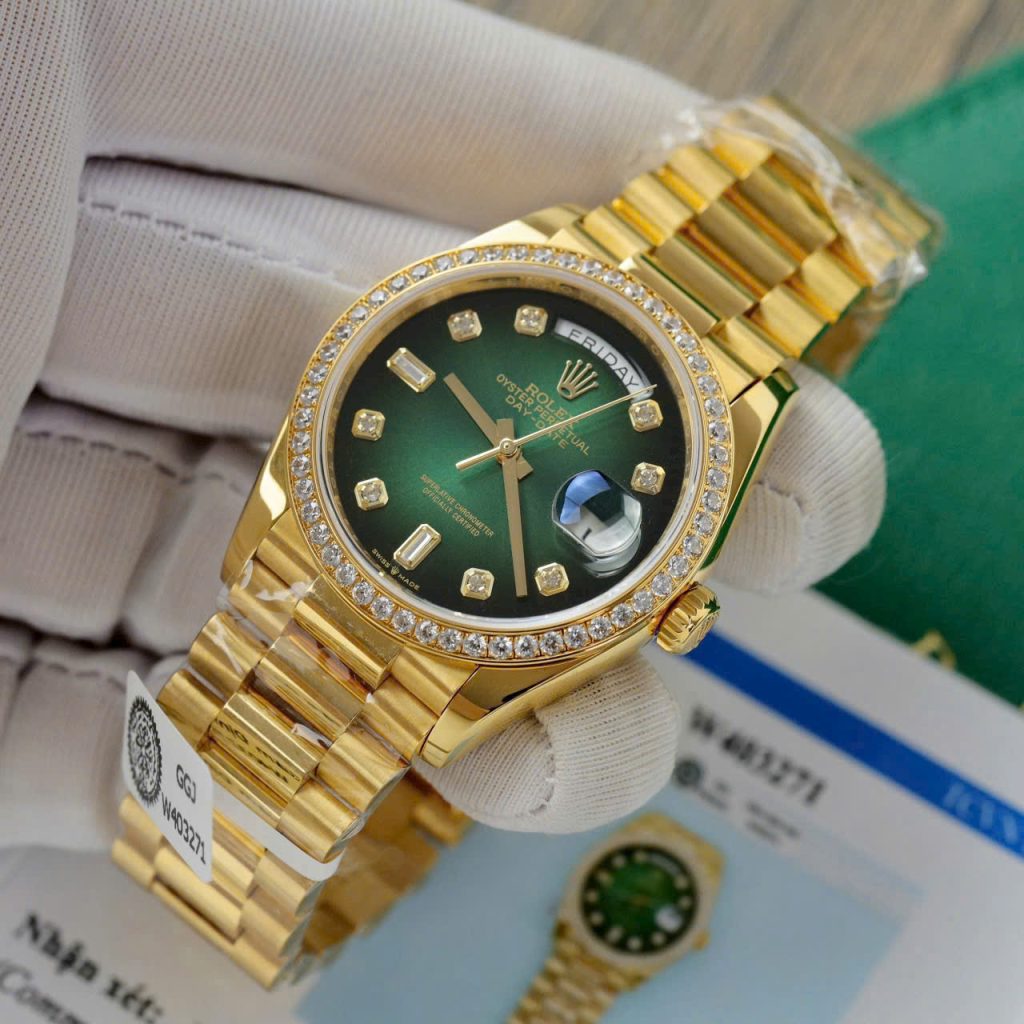 Đồng Hồ Rolex Day-Date 128238 Mặt Xanh Ombre Chế Tác Bọc Vàng Thật + Đính Kim Cương Moisssanite 36mm (2)