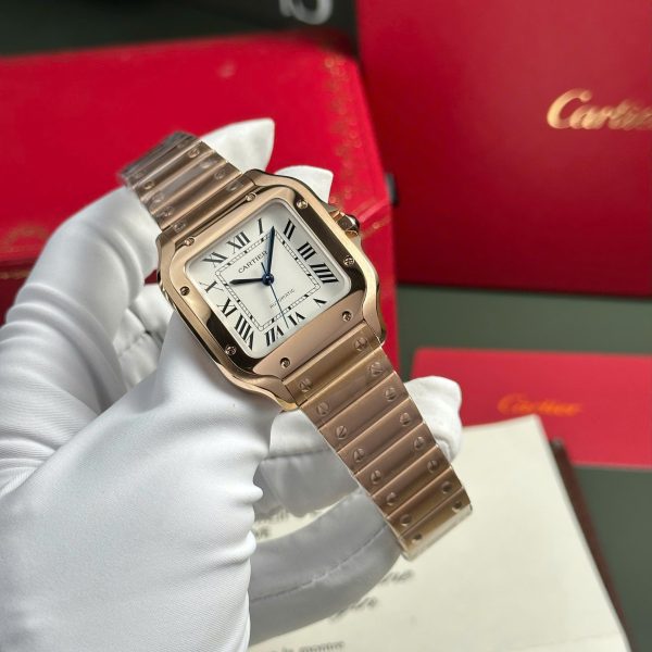 Đồng Hồ Cartier Santos Replica 11 Nữ Mạ Vàng Hồng Mặt Trắng Nhà Máy BV 35 (2)