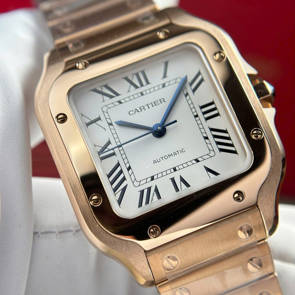 Đồng Hồ Cartier Santos Replica 11 Nữ Mạ Vàng Hồng Mặt Trắng Nhà Máy BV 35 (2)