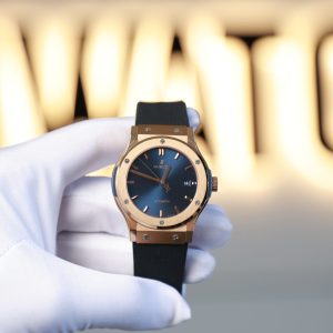 Đồng Hồ Cũ Hublot Classic Fusion Replica 11 Mặt Xanh Chải Tia Mạ Vàng Hồng 42mm