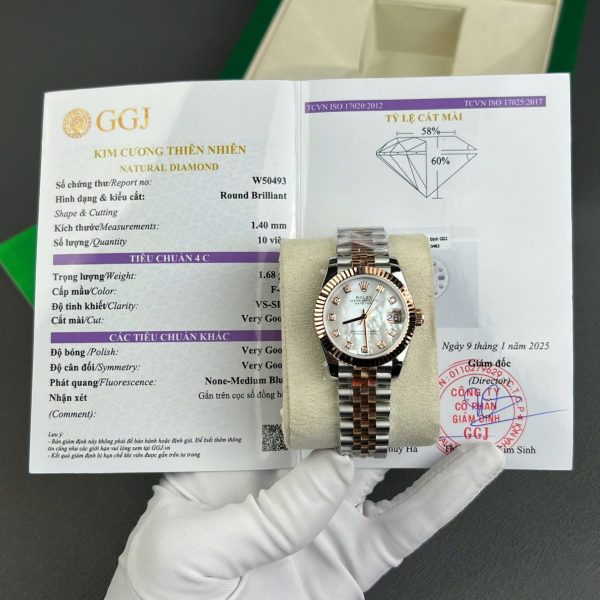 Đồng Hồ Rolex DateJust Nữ Chế Tác Bọc Vàng Hồng + Mặt MOP Cọc Số Kim Cương Thiên Nhiên 31mm (2)