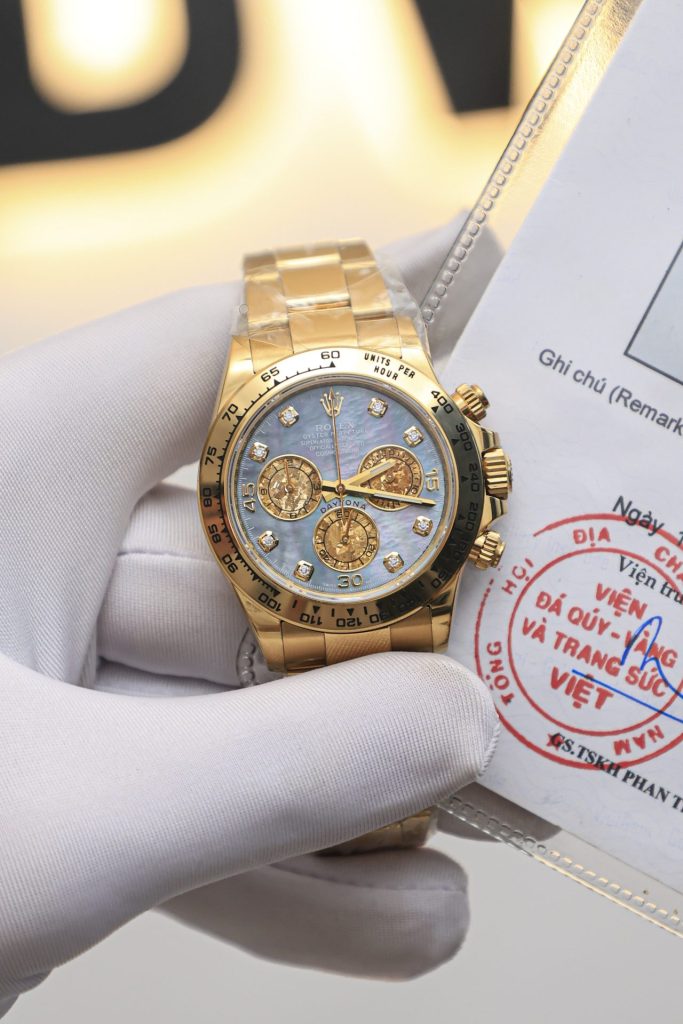 Đồng Hồ Rolex Daytona Mặt Xà Cừ Tím Mạ Vàng Cọc Số Moissanite Replica Lướt 40mm