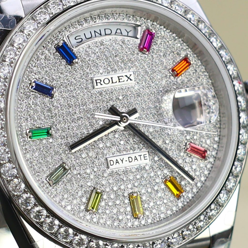 Đồng Hồ Rolex Day-Date Chế Tác Đính Kim Cương Moissanite + Cọc Số 7 Màu GMF 40mm (2)