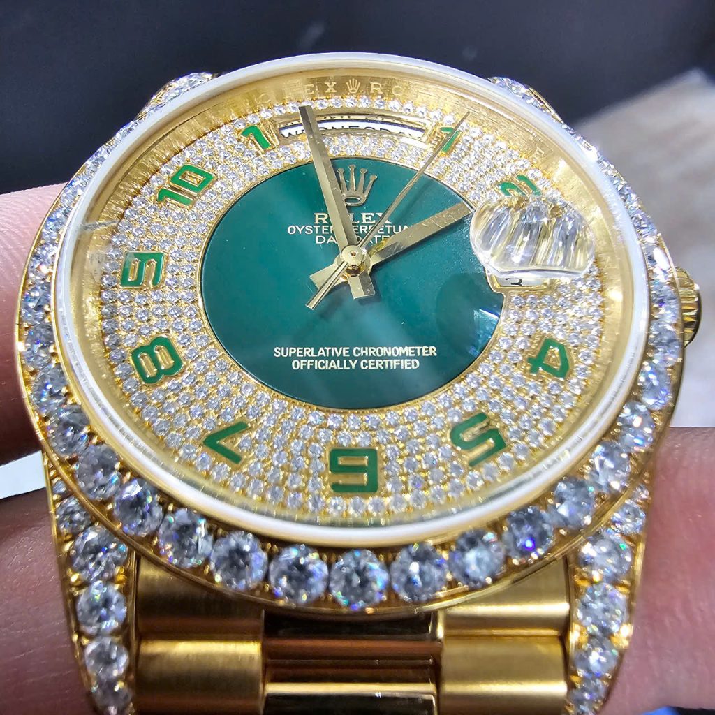 Đồng Hồ Rolex Day-Date Lướt Bọc Vàng Mặt Full Moissanite Nhà Máy GM 40MM (1)