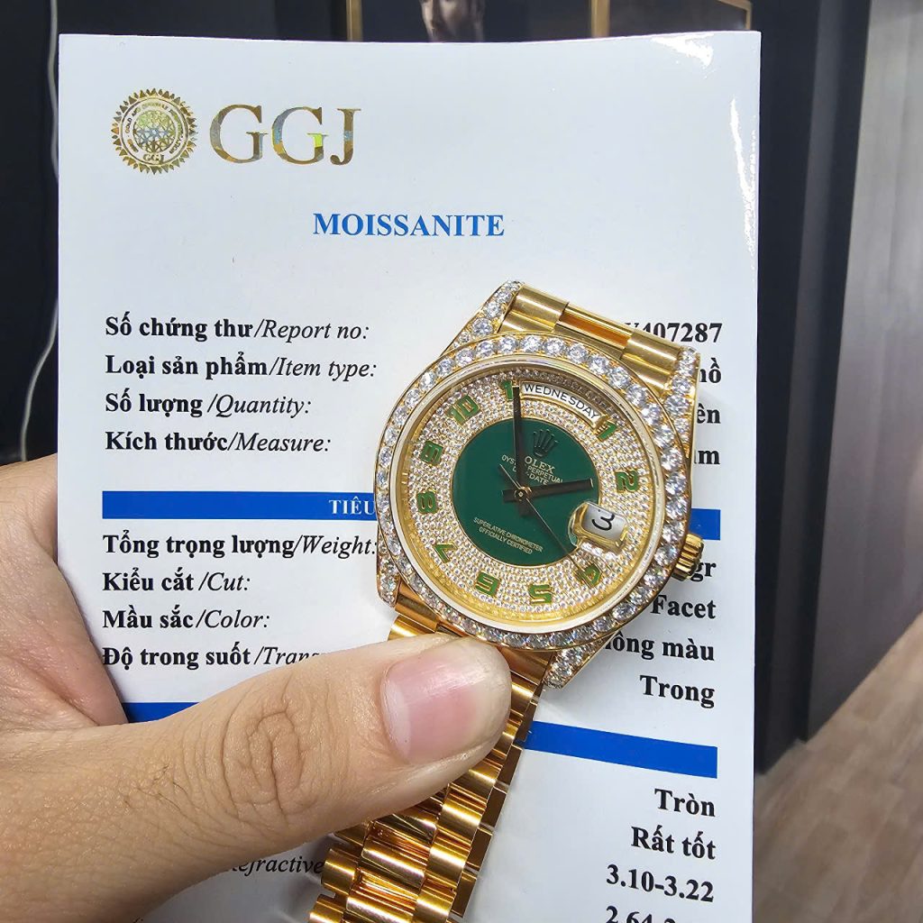 Đồng Hồ Rolex Day-Date Lướt Bọc Vàng Mặt Full Moissanite Nhà Máy GM 40MM (1)