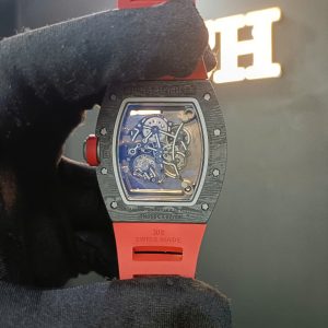 Đồng Hồ Richard Mille RM055 Replica 11 Carbon Đen Dây Cao Su Đỏ Nhà Máy ZF 49.9X42.7mm