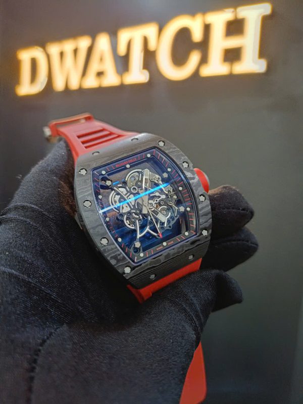 Đồng Hồ Richard Mille RM055 Replica 11 Carbon Đen Dây Cao Su Đỏ Nhà Máy ZF 49.9X42.7mm