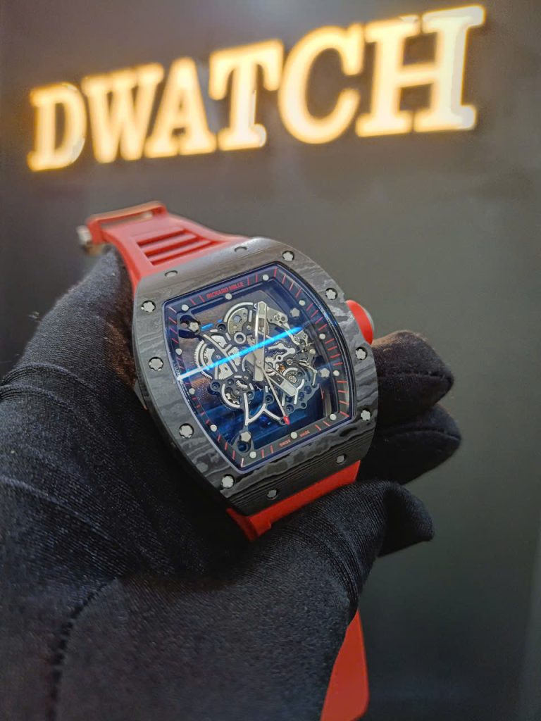 Đồng Hồ Richard Mille RM055 Replica 11 Carbon Đen Dây Cao Su Đỏ Nhà Máy ZF 49.9X42.7mm