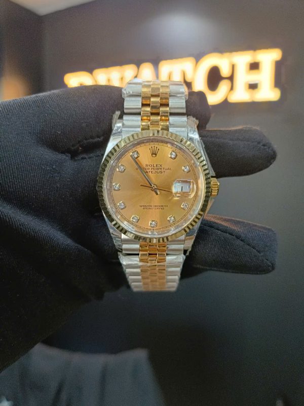 Đồng Hồ Rolex DateJust Super Fake Mặt Vàng Demi Cọc Kim Siêu Lướt EWF 36mm
