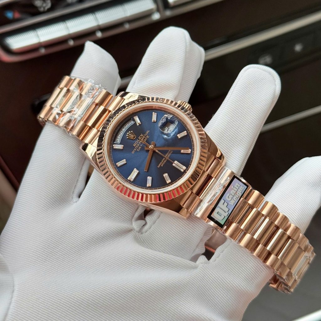 Đồng Hồ Rolex Day-Date Mặt Xanh Lục Lam Chế Tác Bọc Vàng Hồng Nhà Máy QF 40mm (2)