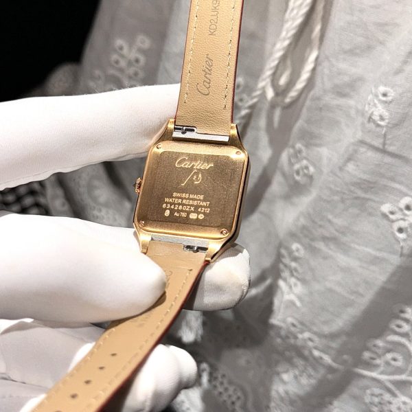 Đồng Hồ Cartier Santos Dumont WJSA0017 Chế Tác Màu Đỏ Bọc Vàng + Đính Kim Cương Tổng Hợp 33x38mm (2)