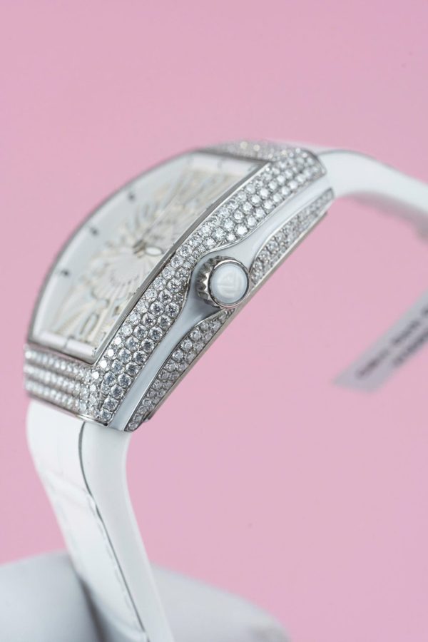 Đồng Hồ Franck Muller Vanguard V32 Màu Trắng Replica 11 Vỏ Đính Kim Cương Moissanite 36mm (2)