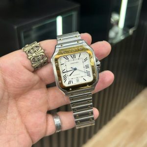 Đồng Hồ Lướt Cartier Santos Replica 11 Demi Vàng Mặt Trắng BVF 39 (9)