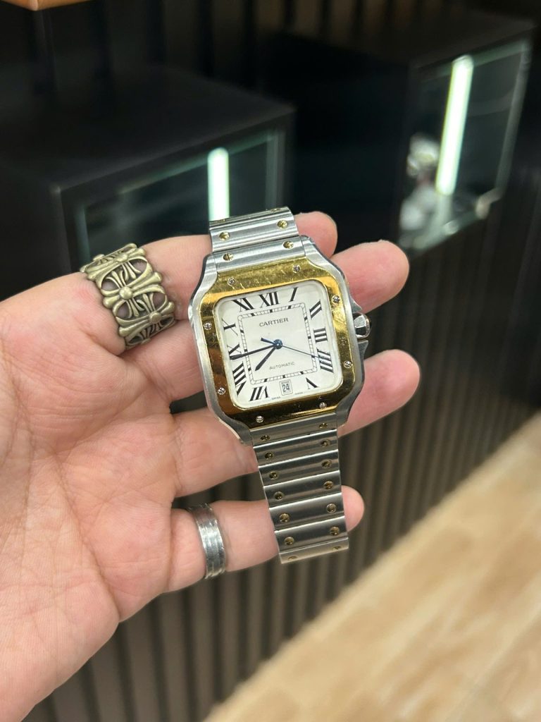 Đồng Hồ Lướt Cartier Santos Replica 11 Demi Vàng Mặt Trắng BVF 39 (9)