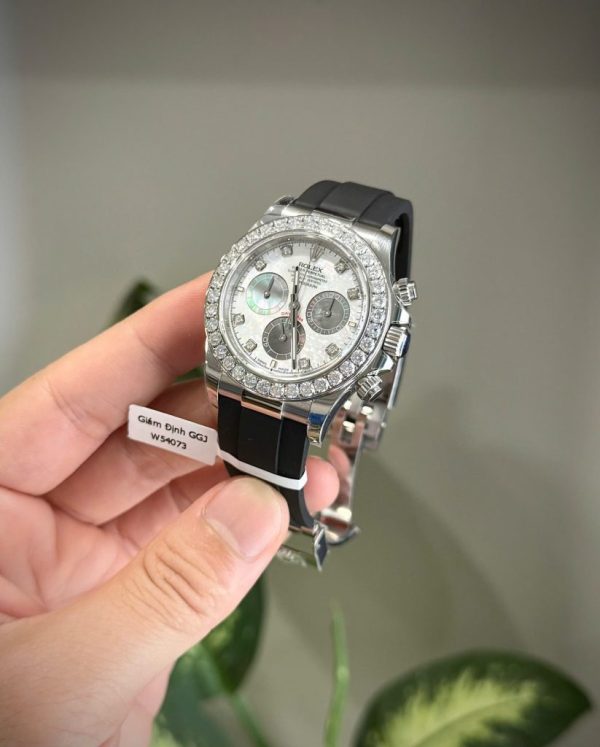 Đồng Hồ Rolex Daytona Mặt MOP Cọc Số + Vành Đính Kim Cương Moissanite Chế Tác 40mm (1)