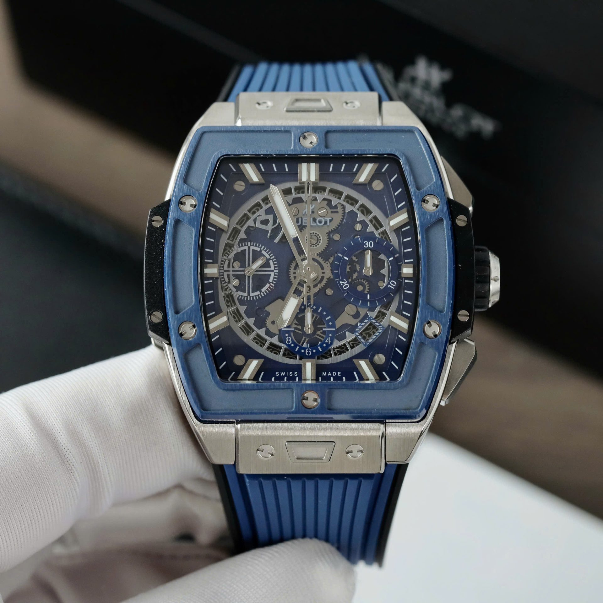 Đồng Hồ Hublot Spirit Of Big Bang Titanium Replica 11 Viền Gốm Xanh Dương Nhà Máy BBF 42mm (6)