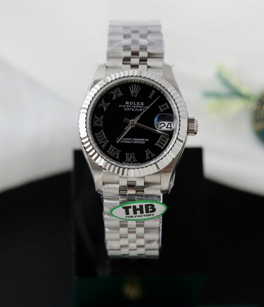 Đồng Hồ Rolex DateJust Replica Cao Cấp Mặt Đen Cọc Số La Mã Xưởng THB 31mm (2)