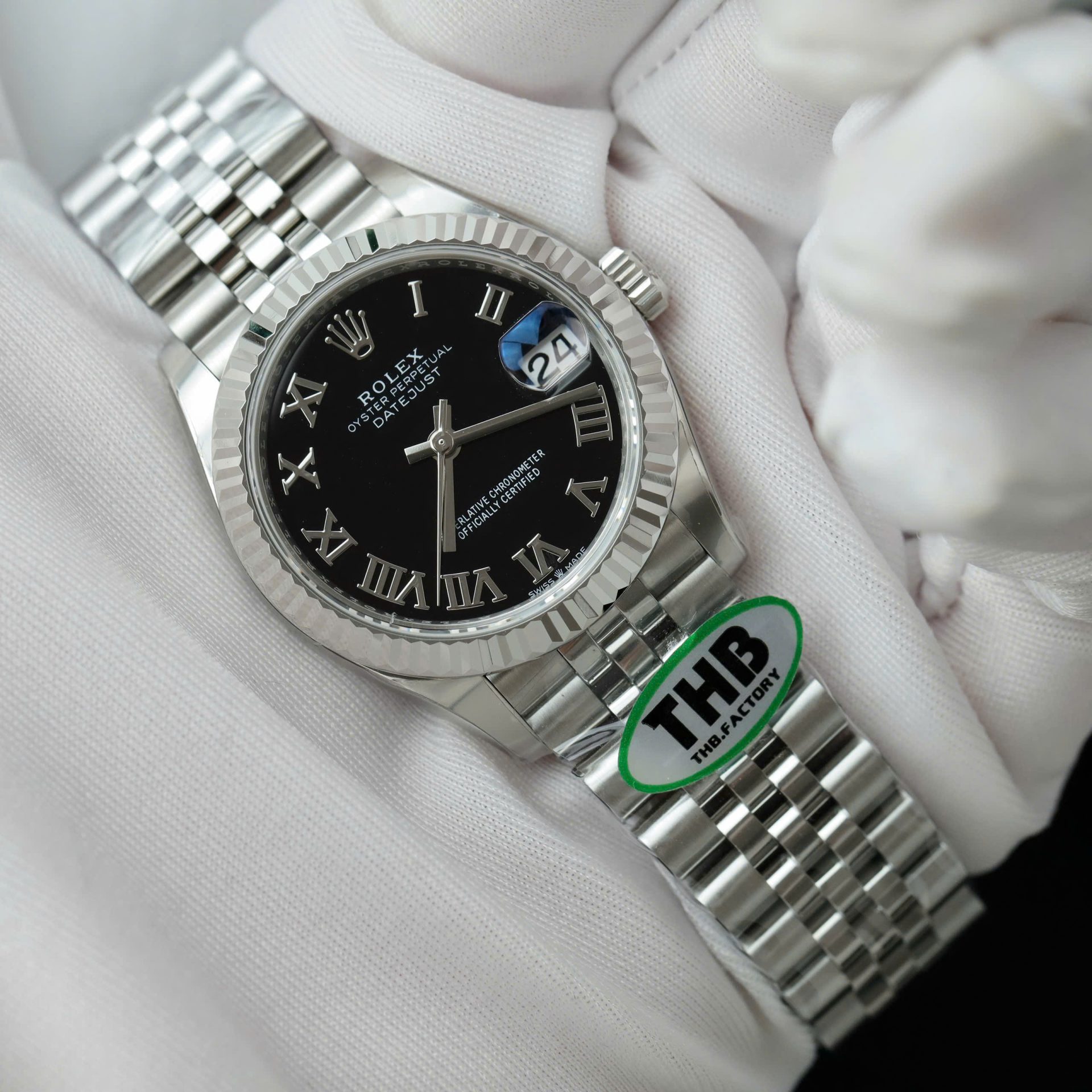 Đồng Hồ Rolex DateJust Replica Cao Cấp Mặt Đen Cọc Số La Mã Xưởng THB 31mm (2)