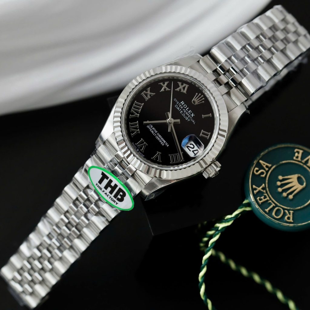 Đồng Hồ Rolex DateJust Replica Cao Cấp Mặt Đen Cọc Số La Mã Xưởng THB 31mm (2)