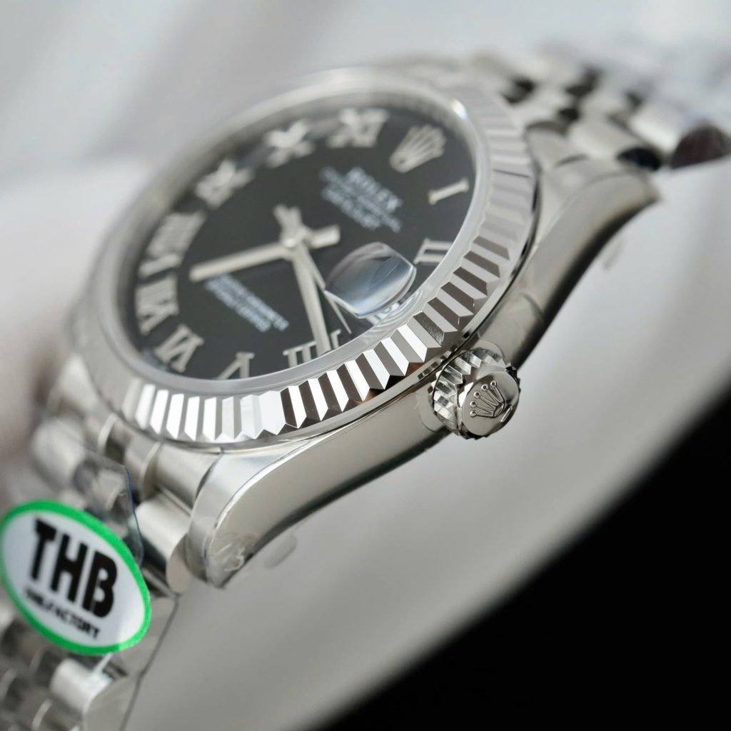 Đồng Hồ Rolex DateJust Replica Cao Cấp Mặt Đen Cọc Số La Mã Xưởng THB 31mm (8)