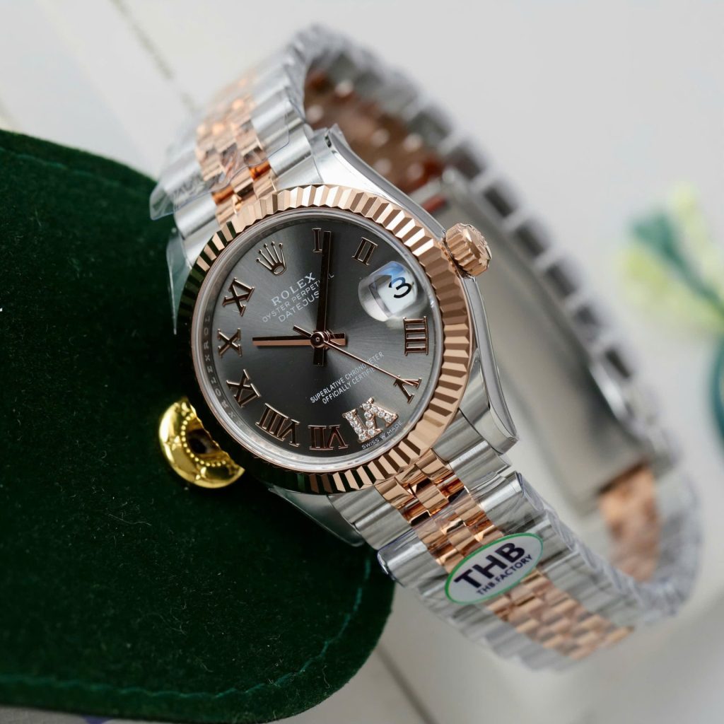 Đồng Hồ Rolex Nữ DateJust Rep 11 Demi Vàng Hồng Mặt Xám Xưởng THB 31mm (2)
