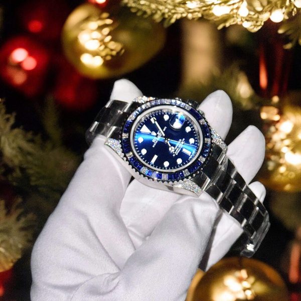 Đồng Hồ Rolex Submariner Mặt Xanh Blue Đính Moissanite + Sapphire Tổng Hợp Chế Tác 41mm (2)