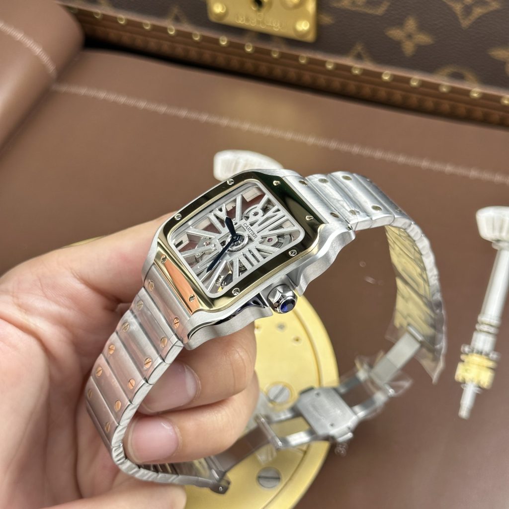 Đồng Hồ Cartier Santos Replica 11 Demi Vàng Mặt Lộ Cơ Dây Kim Loại 39 (2)