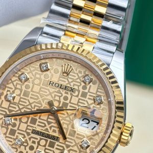 Đồng Hồ Rolex DateJust Replica Cao Cấp Họa Tiết Vi Tính Mặt Vàng Nhà Máy AR 36mm (2)