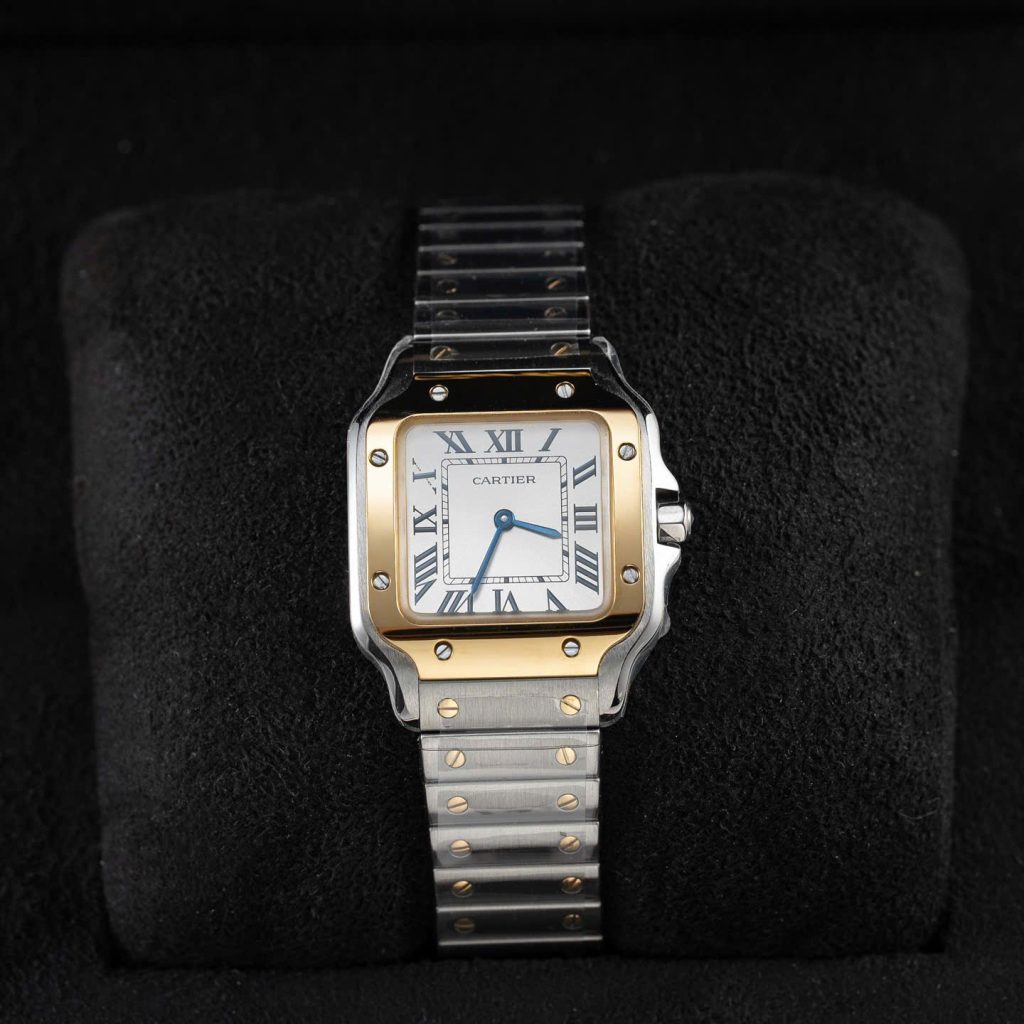 Đồng Hồ Nữ Cartier Santos Small Chế Tác Mặt Trắng Viền Vàng Vàng 27×34 (2)